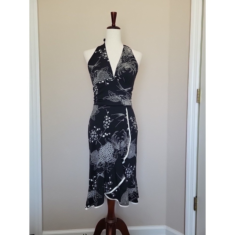 Teeze Me Halter Midi Dress Sz S Babydoll Asymmetric Ruffle Hem Asian Y2K Floral